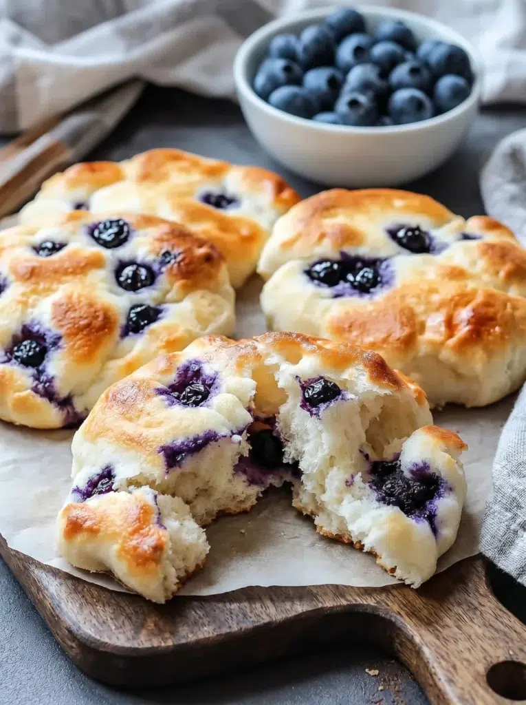 Fresh baked Cottage Cheese Blueberry Cloud Bread on serving board