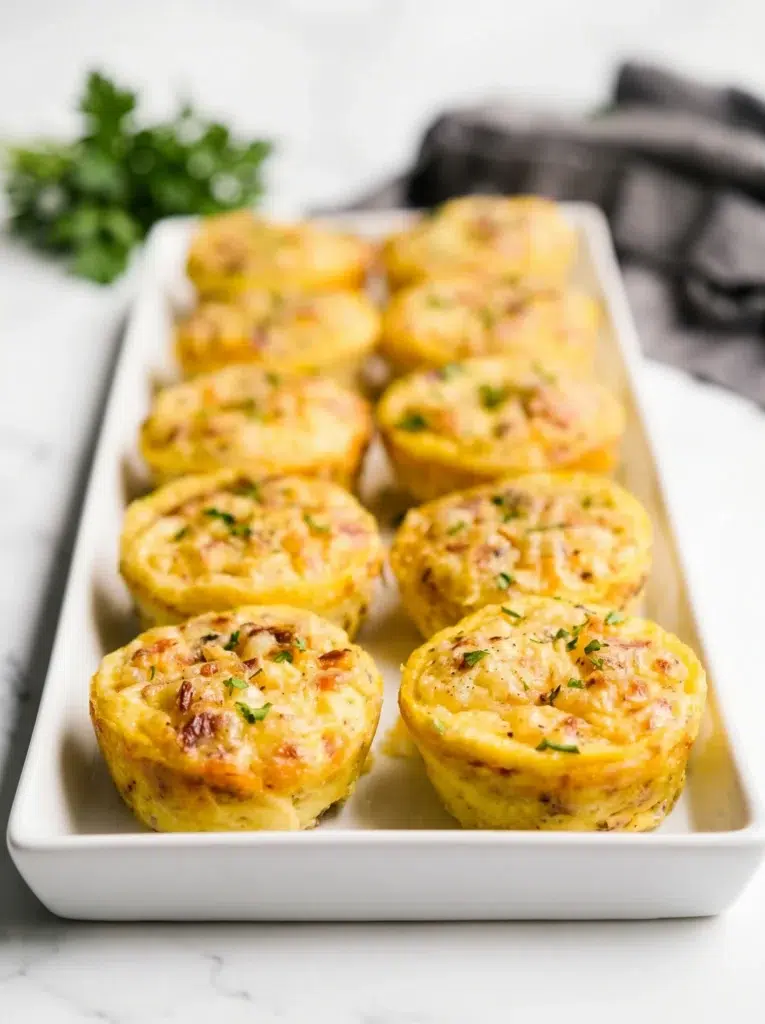 Cottage Cheese Egg Bites with bacon and herbs on a serving platter