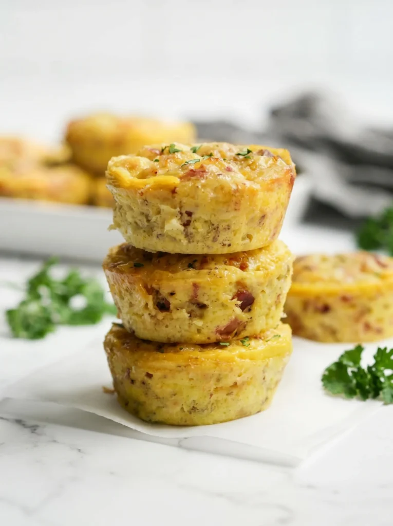 Stacked Cottage Cheese Egg Bites with bacon and herbs on a breakfast plate