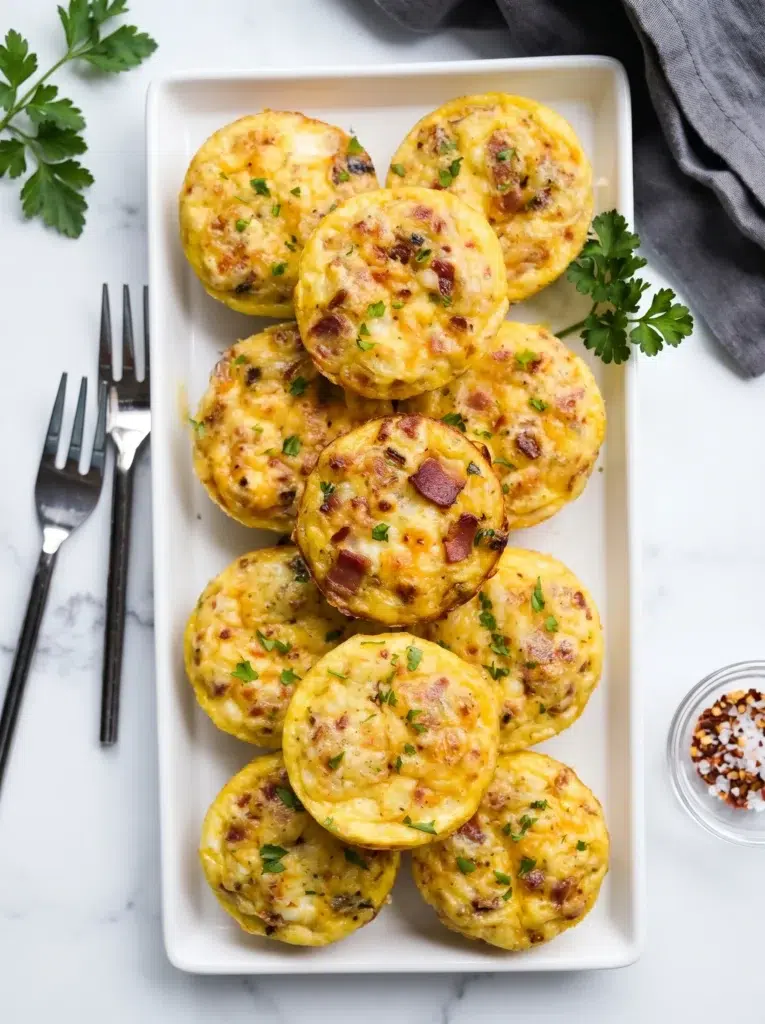 Cottage Cheese Egg Bites with bacon and herbs on a serving platter